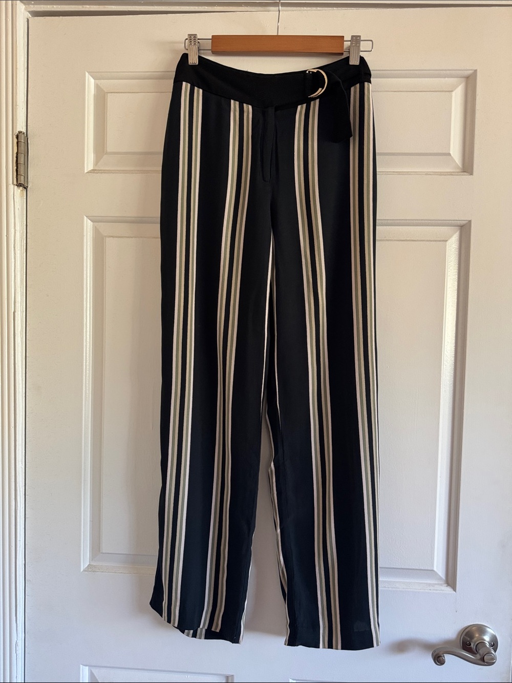 Vince Camuto Navy Wide-Leg Pants with Green, Cream and Tan Stripes